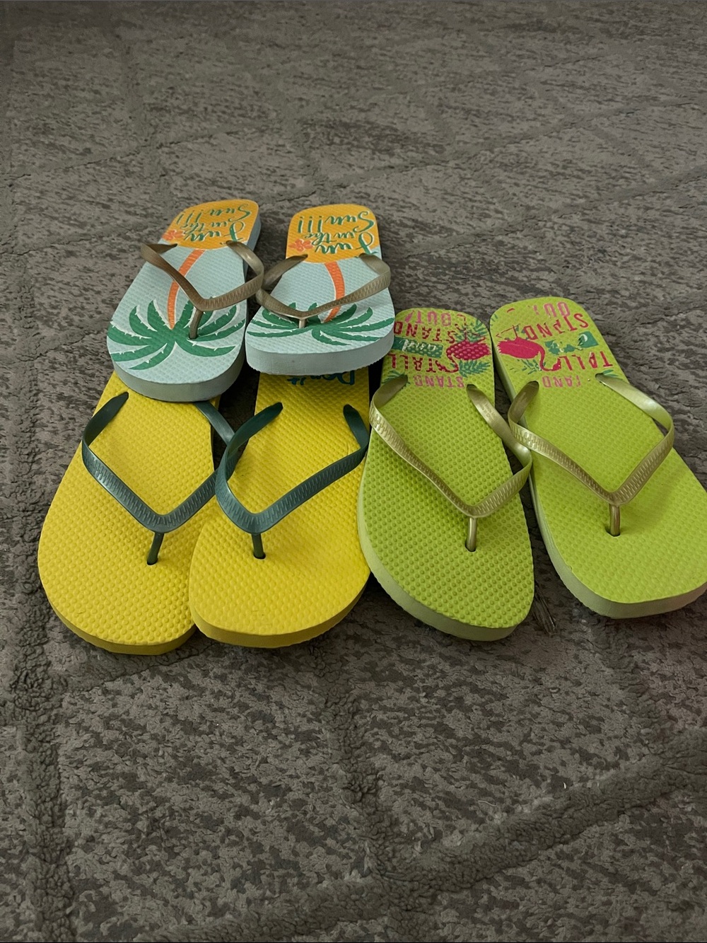 3 pairs Bright Yellow and Lime Flip Flops